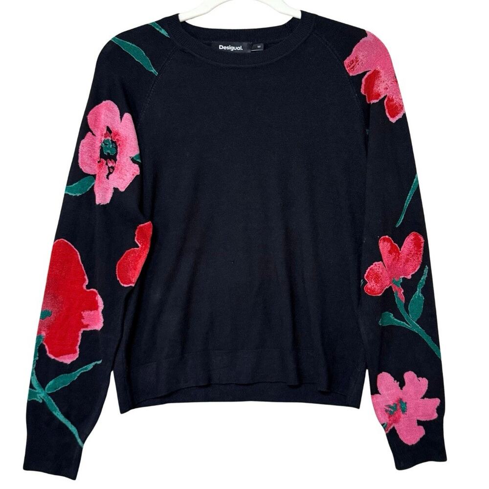Desigual Watercolor Floral Sweater Medium Black Red Long Sleeve Crewneck